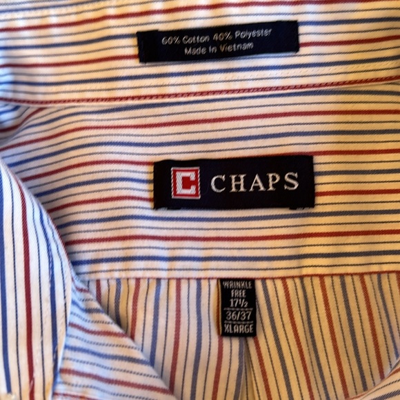 3/$15 CHAPS MENS DRESS SHIRT WHITE w/BLUE/RED STRIPES WRINKLE FREE 17-1/2x36/37 - Picture 4 of 9